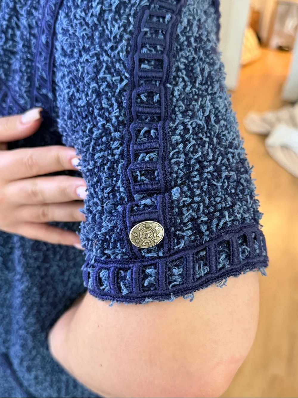 CHANEL Navy Textured V‑Neck Mini Dress